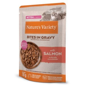 nature-s-variety-bites-in-gravy-alimento-humido-para-gatinho-salmao NATURE'S VARIETY CAT WET ORIGINAL PED EM MOLHO KITTEN SALMAO