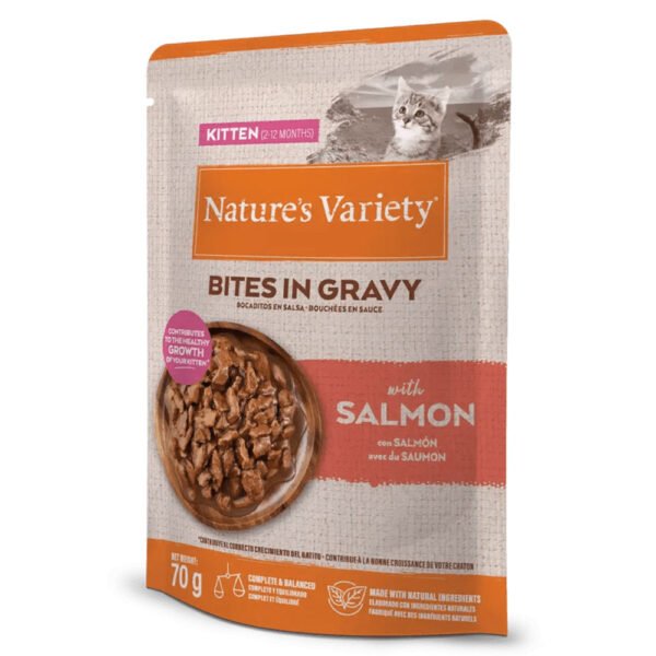 nature-s-variety-bites-in-gravy-alimento-humido-para-gatinho-salmao NATURE'S VARIETY CAT WET ORIGINAL PED EM MOLHO KITTEN SALMAO