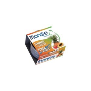 1000010749 Monge Fruits Gato – Atum e Fruta (80 g), um alimento húmido complementar para gatos adultos com atum e frutas (ananas, maçã, papaia), que usa Fruto‑oligossacarídeos (FOS) como prebióticos para ajudar o bem‑estar intestinal e tem baixo teor de gordura.