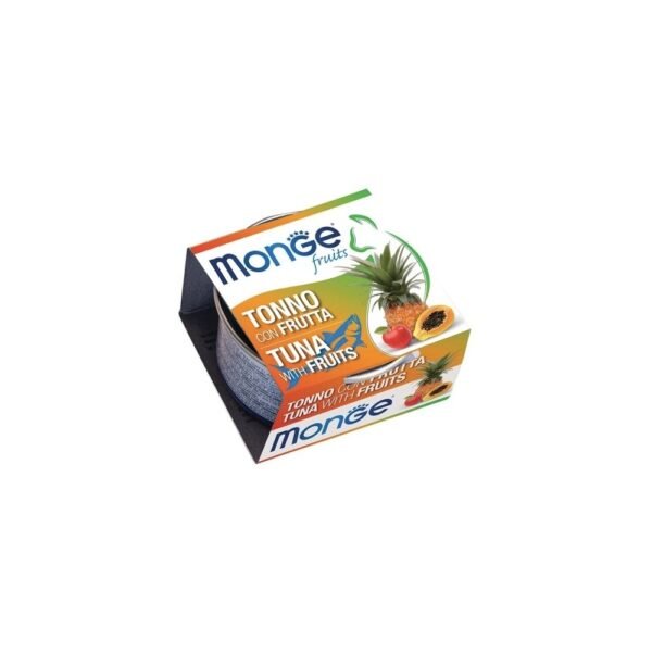 Monge Fruits Gato – Atum e Fruta (80 g), um alimento húmido complementar para gatos adultos com atum e frutas (ananas, maçã, papaia), que usa Fruto‑oligossacarídeos (FOS) como prebióticos para ajudar o bem‑estar intestinal e tem baixo teor de gordura.