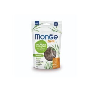 Monge Gift Gato Crunchy Snacks Hairball Salmão & Catnip são snacks funcionais crocantes para gatos adultos, formulados para ajudar a expulsar bolas de pelo e a apoiar a higiene oral.
