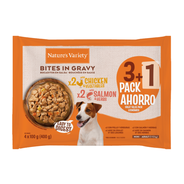 MATERIALES_969055_AffinityNV_Wet_BitesInGravy_Flowpack_4x100g_3D_FOP_Resized NV DOG WET PED MOLHO MINI FRANGO & SALMÃO